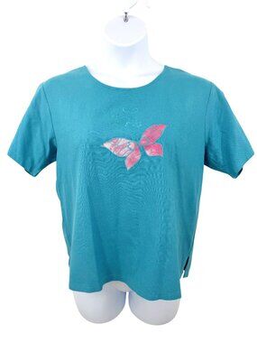 VINTAGE CARINA TEAL BLUE SILK TIE-DYE EMBROIDERED BUTTERFLY SHORT SLEEVE TOP - M